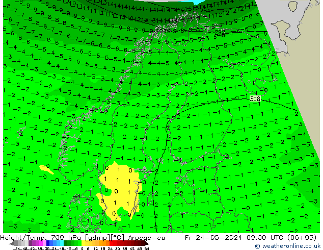 Height/Temp. 700 гПа Arpege-eu пт 24.05.2024 09 UTC