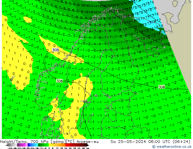 Yükseklik/Sıc. 700 hPa Arpege-eu Cts 25.05.2024 06 UTC