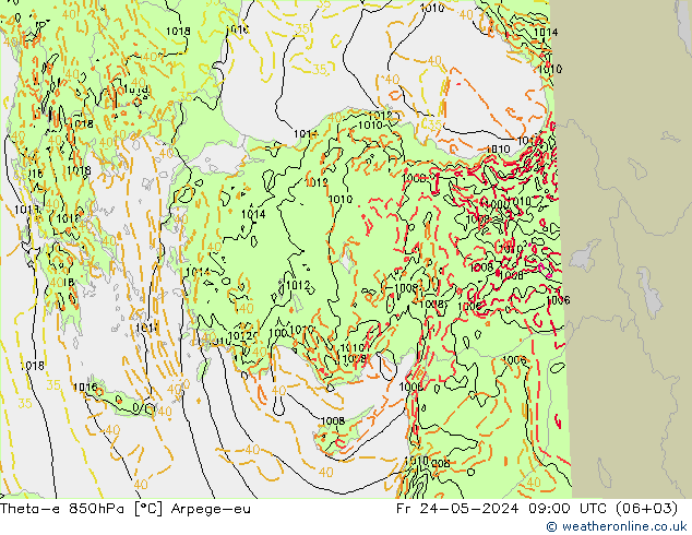 Theta-e 850гПа Arpege-eu пт 24.05.2024 09 UTC