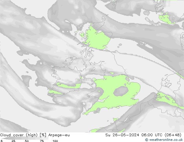 Cloud cover (high) Arpege-eu Su 26.05.2024 06 UTC