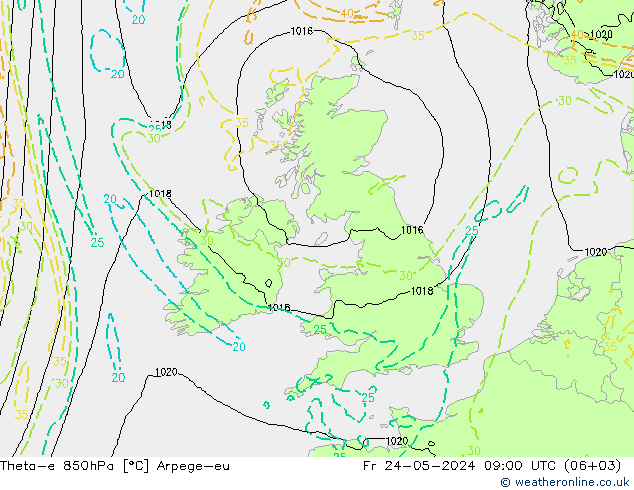 Theta-e 850hPa Arpege-eu Pá 24.05.2024 09 UTC