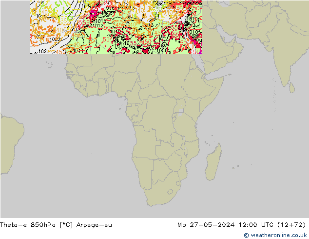 Theta-e 850hPa Arpege-eu pon. 27.05.2024 12 UTC