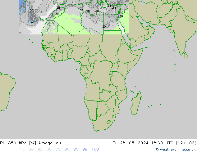 Humedad rel. 850hPa Arpege-eu mar 28.05.2024 18 UTC