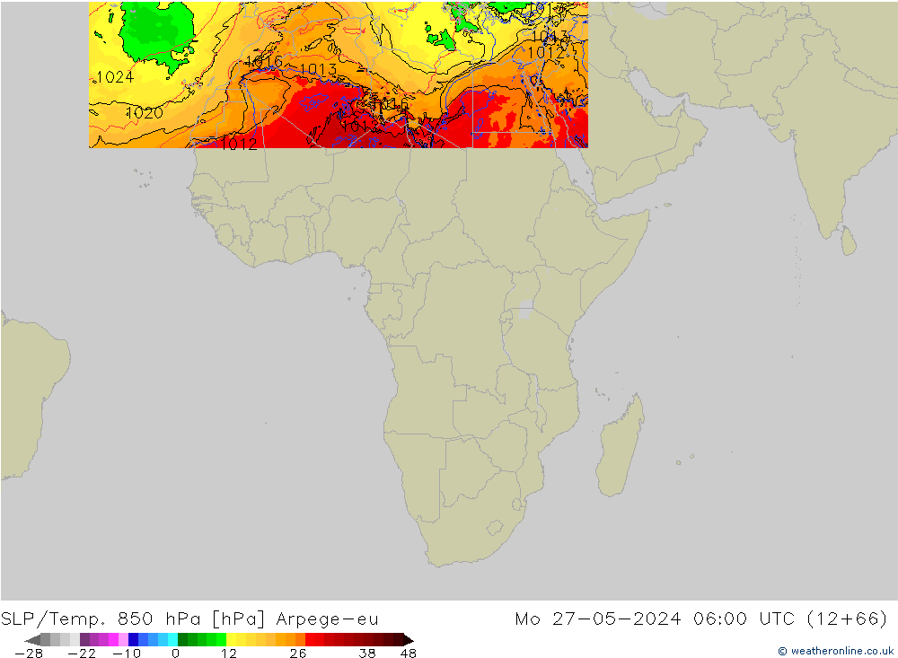 SLP/Temp. 850 hPa Arpege-eu Mo 27.05.2024 06 UTC