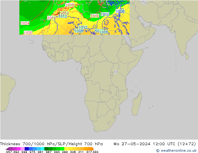 Espesor 700-1000 hPa Arpege-eu lun 27.05.2024 12 UTC