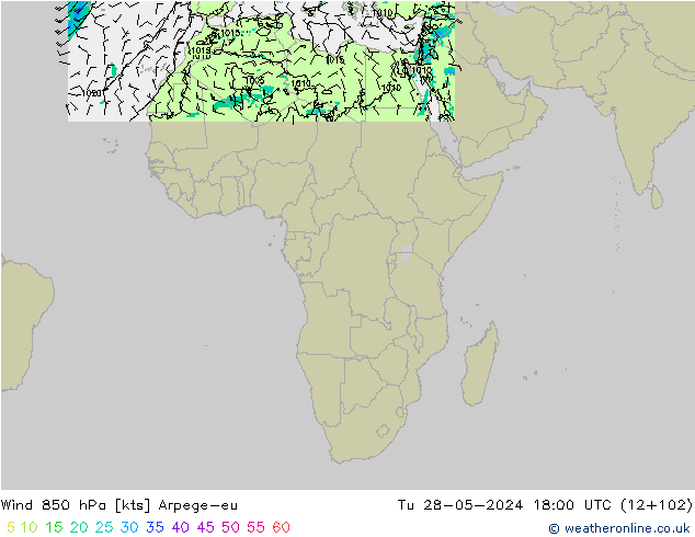 Vento 850 hPa Arpege-eu Ter 28.05.2024 18 UTC