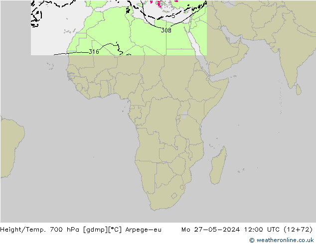 Height/Temp. 700 hPa Arpege-eu Mo 27.05.2024 12 UTC