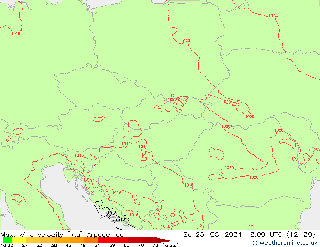 Max. wind velocity Arpege-eu  25.05.2024 18 UTC