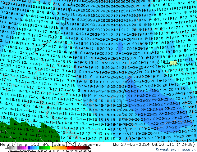 Height/Temp. 500 hPa Arpege-eu pon. 27.05.2024 09 UTC