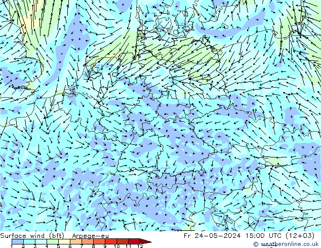 Wind 10 m (bft) Arpege-eu vr 24.05.2024 15 UTC