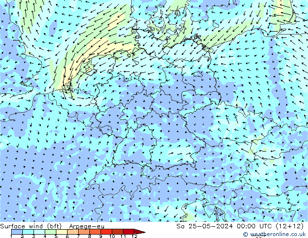 Vento 10 m (bft) Arpege-eu sab 25.05.2024 00 UTC