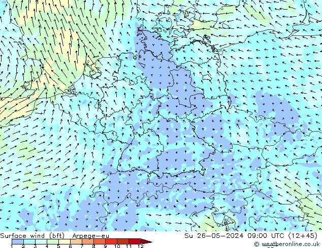 Surface wind (bft) Arpege-eu Su 26.05.2024 09 UTC