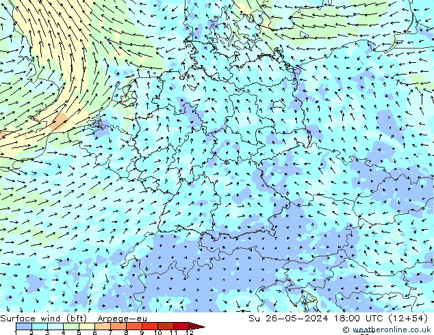 Surface wind (bft) Arpege-eu Su 26.05.2024 18 UTC