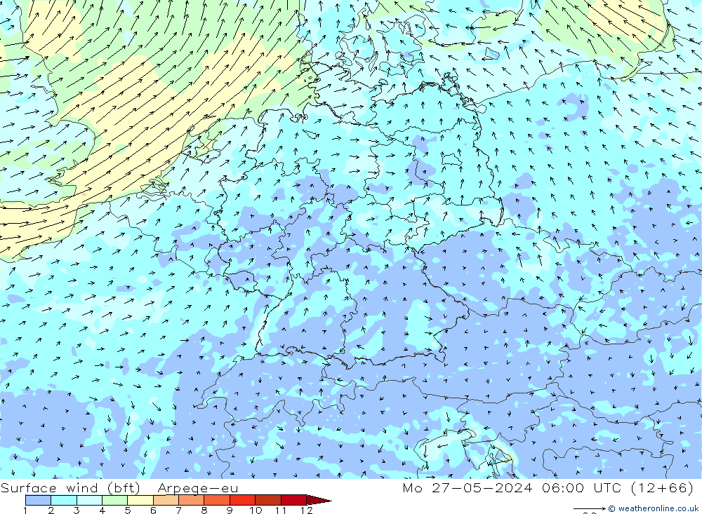 Viento 10 m (bft) Arpege-eu lun 27.05.2024 06 UTC