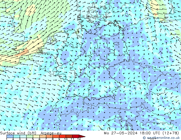 Surface wind (bft) Arpege-eu Mo 27.05.2024 18 UTC