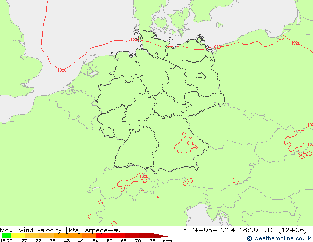 Max. wind velocity Arpege-eu ven 24.05.2024 18 UTC