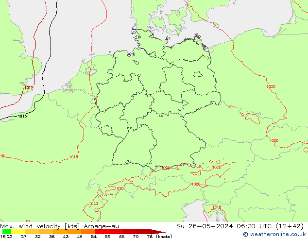 Max. wind snelheid Arpege-eu zo 26.05.2024 06 UTC