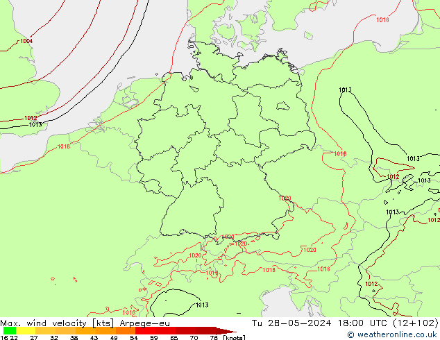 Max. wind snelheid Arpege-eu di 28.05.2024 18 UTC