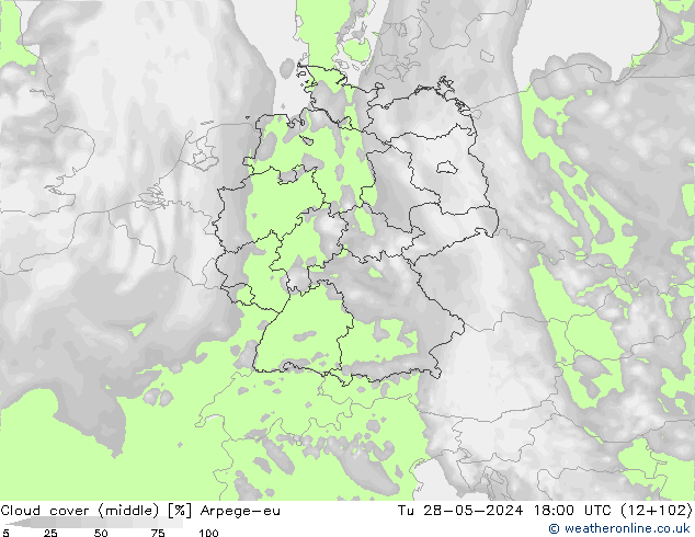 Cloud cover (middle) Arpege-eu Tu 28.05.2024 18 UTC