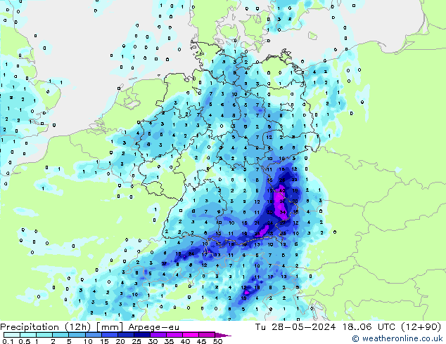 Precipitation (12h) Arpege-eu Tu 28.05.2024 06 UTC