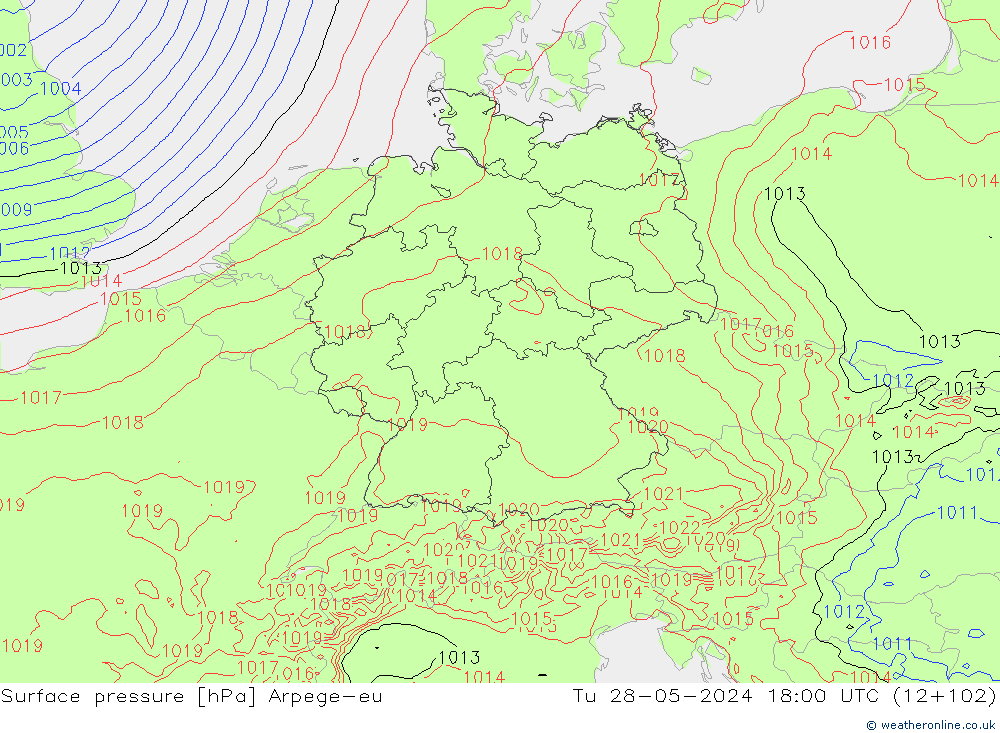 Presión superficial Arpege-eu mar 28.05.2024 18 UTC