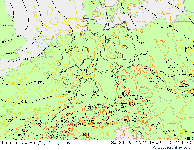 Theta-e 850hPa Arpege-eu Su 26.05.2024 18 UTC