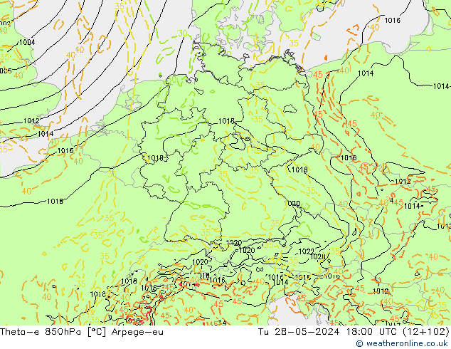 Theta-e 850hPa Arpege-eu Tu 28.05.2024 18 UTC