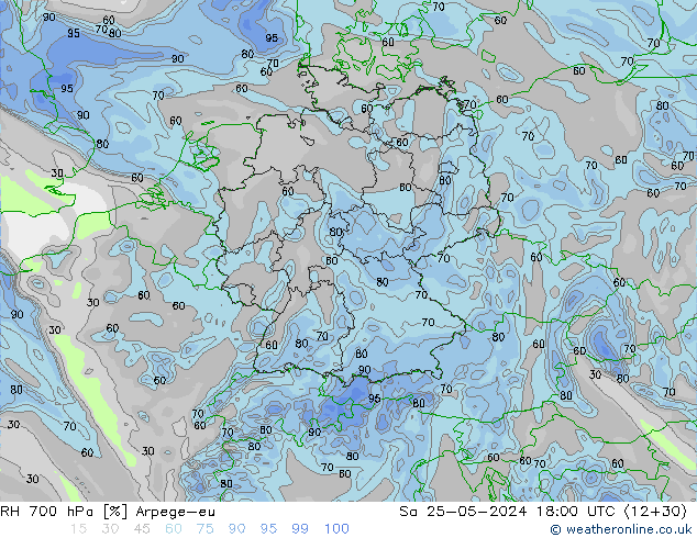 Humidité rel. 700 hPa Arpege-eu sam 25.05.2024 18 UTC