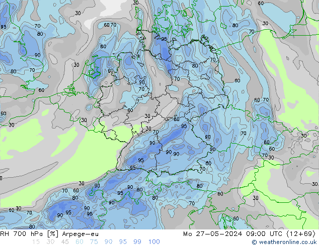 RH 700 hPa Arpege-eu Mo 27.05.2024 09 UTC