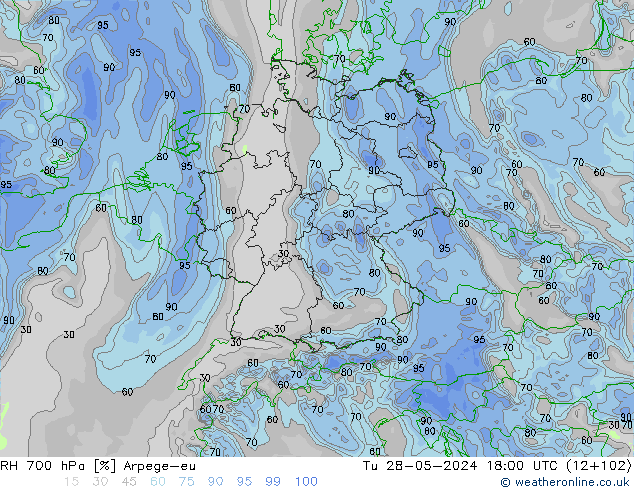 RH 700 hPa Arpege-eu Út 28.05.2024 18 UTC