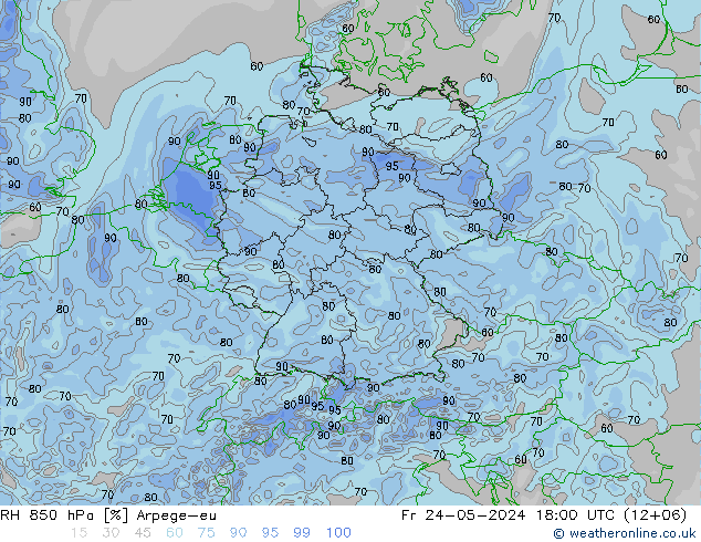 RH 850 hPa Arpege-eu 星期五 24.05.2024 18 UTC