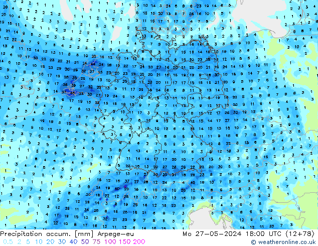 Precipitation accum. Arpege-eu Mo 27.05.2024 18 UTC