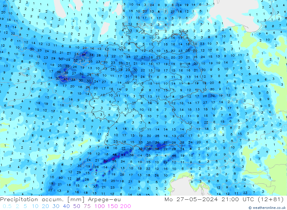 Precipitation accum. Arpege-eu Mo 27.05.2024 21 UTC