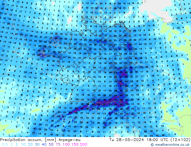 Precipitation accum. Arpege-eu 星期二 28.05.2024 18 UTC