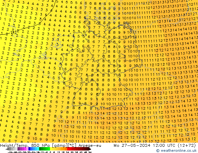 Géop./Temp. 850 hPa Arpege-eu lun 27.05.2024 12 UTC