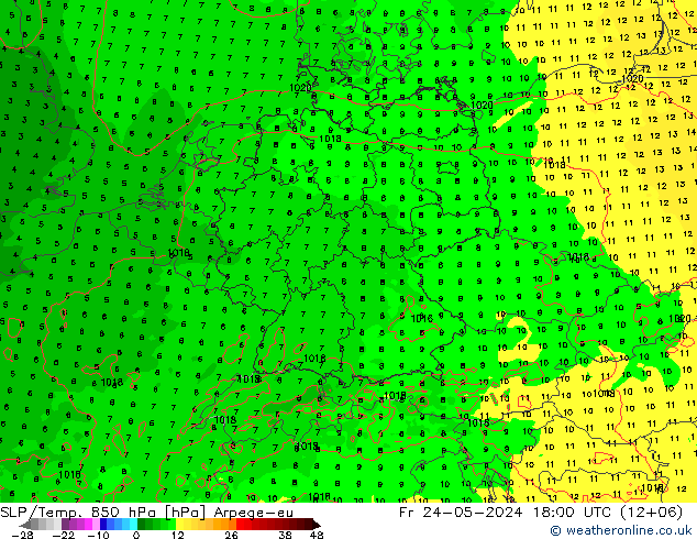 SLP/Temp. 850 hPa Arpege-eu Fr 24.05.2024 18 UTC