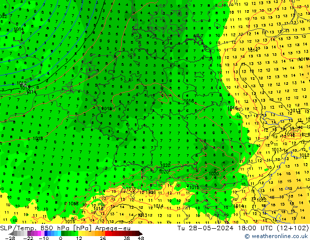 SLP/Temp. 850 гПа Arpege-eu вт 28.05.2024 18 UTC