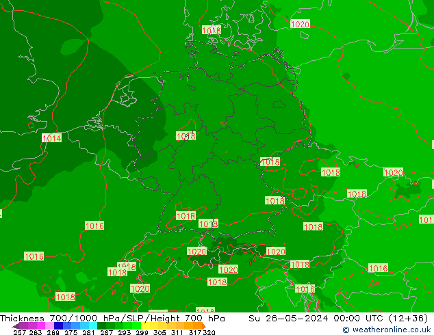 Thck 700-1000 hPa Arpege-eu Su 26.05.2024 00 UTC