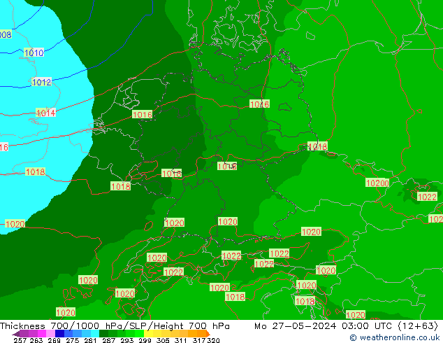 Thck 700-1000 hPa Arpege-eu Po 27.05.2024 03 UTC