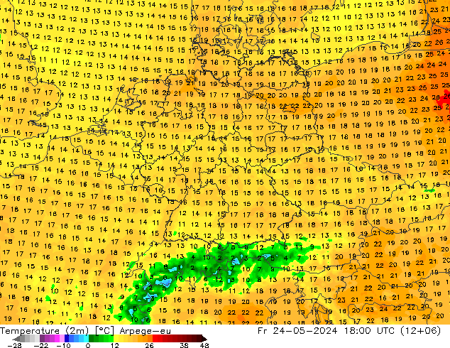 Temperatura (2m) Arpege-eu Sex 24.05.2024 18 UTC