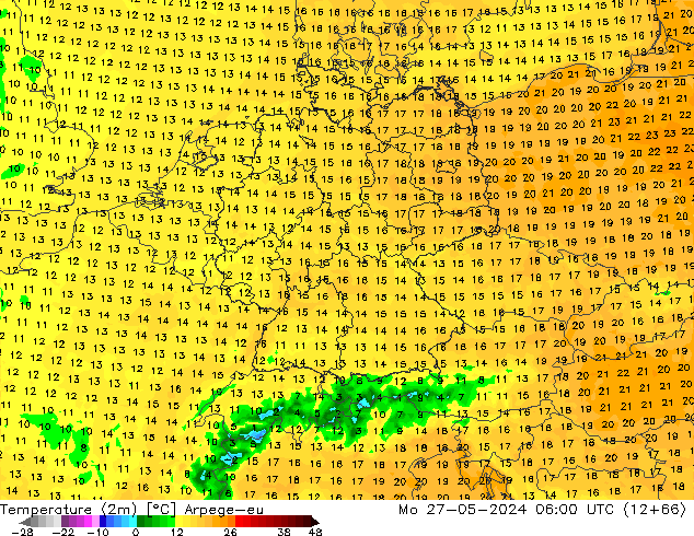 Sıcaklık Haritası (2m) Arpege-eu Pzt 27.05.2024 06 UTC