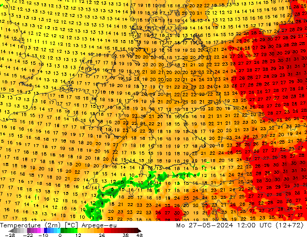 mapa temperatury (2m) Arpege-eu pon. 27.05.2024 12 UTC