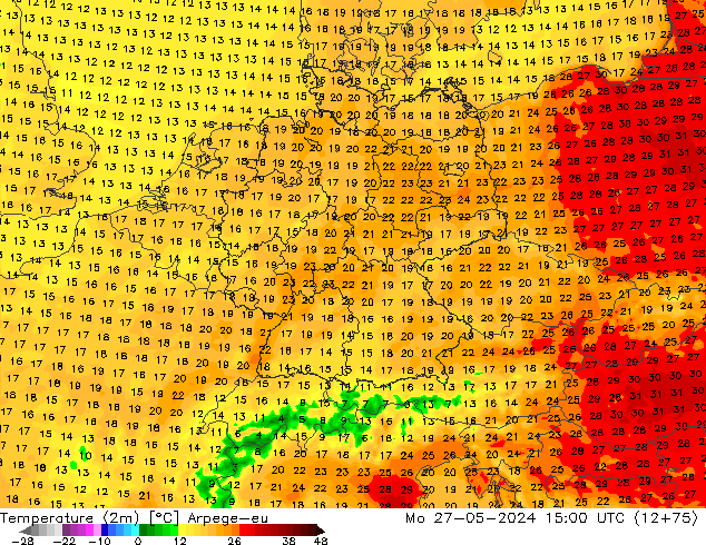 Temperatuurkaart (2m) Arpege-eu ma 27.05.2024 15 UTC