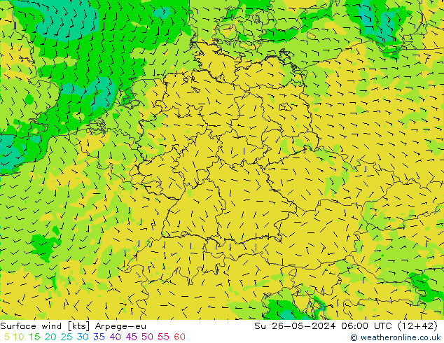 Wind 10 m Arpege-eu zo 26.05.2024 06 UTC