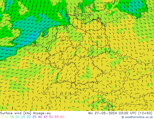 Viento 10 m Arpege-eu lun 27.05.2024 03 UTC