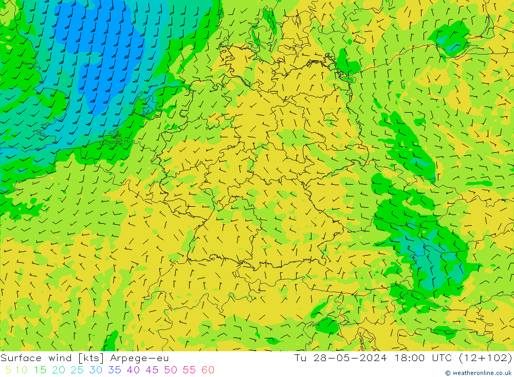 Surface wind Arpege-eu Út 28.05.2024 18 UTC