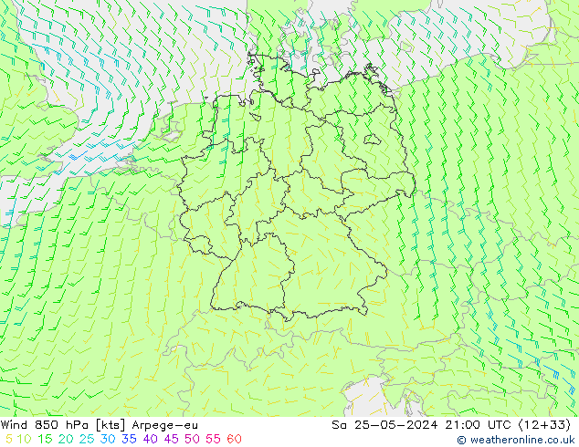 Vento 850 hPa Arpege-eu Sáb 25.05.2024 21 UTC