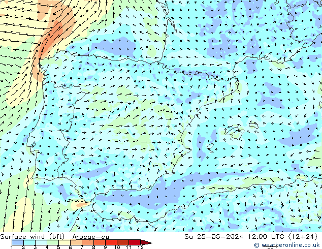 Vento 10 m (bft) Arpege-eu Sáb 25.05.2024 12 UTC