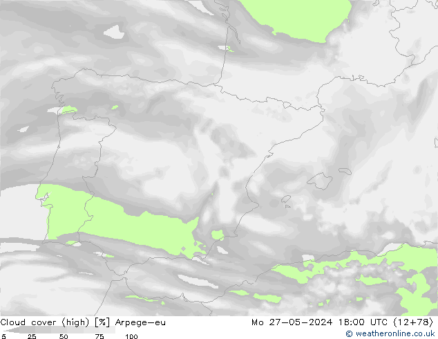 Cloud cover (high) Arpege-eu Mo 27.05.2024 18 UTC