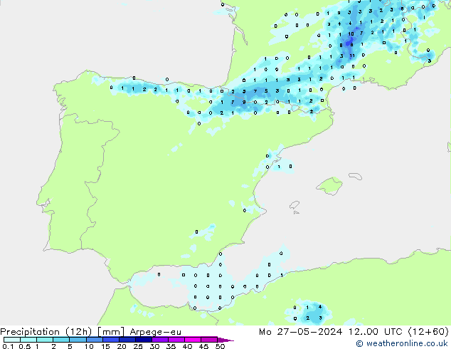 Totale neerslag (12h) Arpege-eu ma 27.05.2024 00 UTC